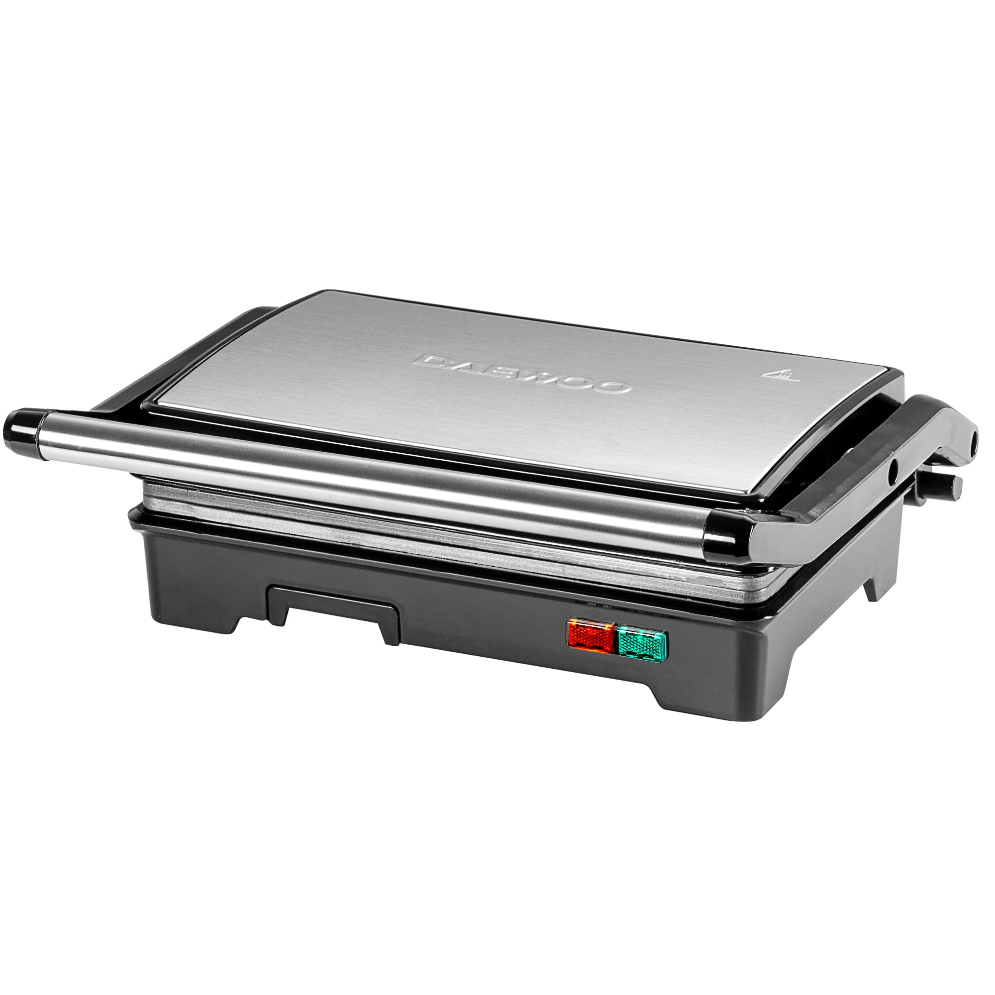 Daewoo SDA1574GE Cool Touch Mini Panini Press, Opens 90° & 180° with Non-Stick Plates for Easy Clean, Skid Resistant Feet On & Ready Light Indicators-750W Power, 220-240v 50hz Type G UK Plug, Silver