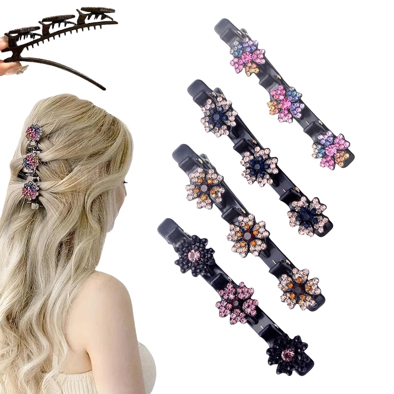 Sparkling Crystal Stone Braided Hair Clips for Women and Girls, 2025 New Rhinestone Hair Clips Hair Braid Clips, Easily Braided Hair Bands, Shiny Rhinestone Hair Clip (Mix, 4PCS)