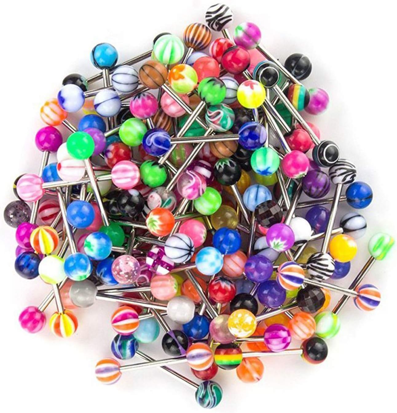 50pcs Tongue Ring Bars Pack 16mm Barbell Stainless Steel with Arylic Balls Piercing