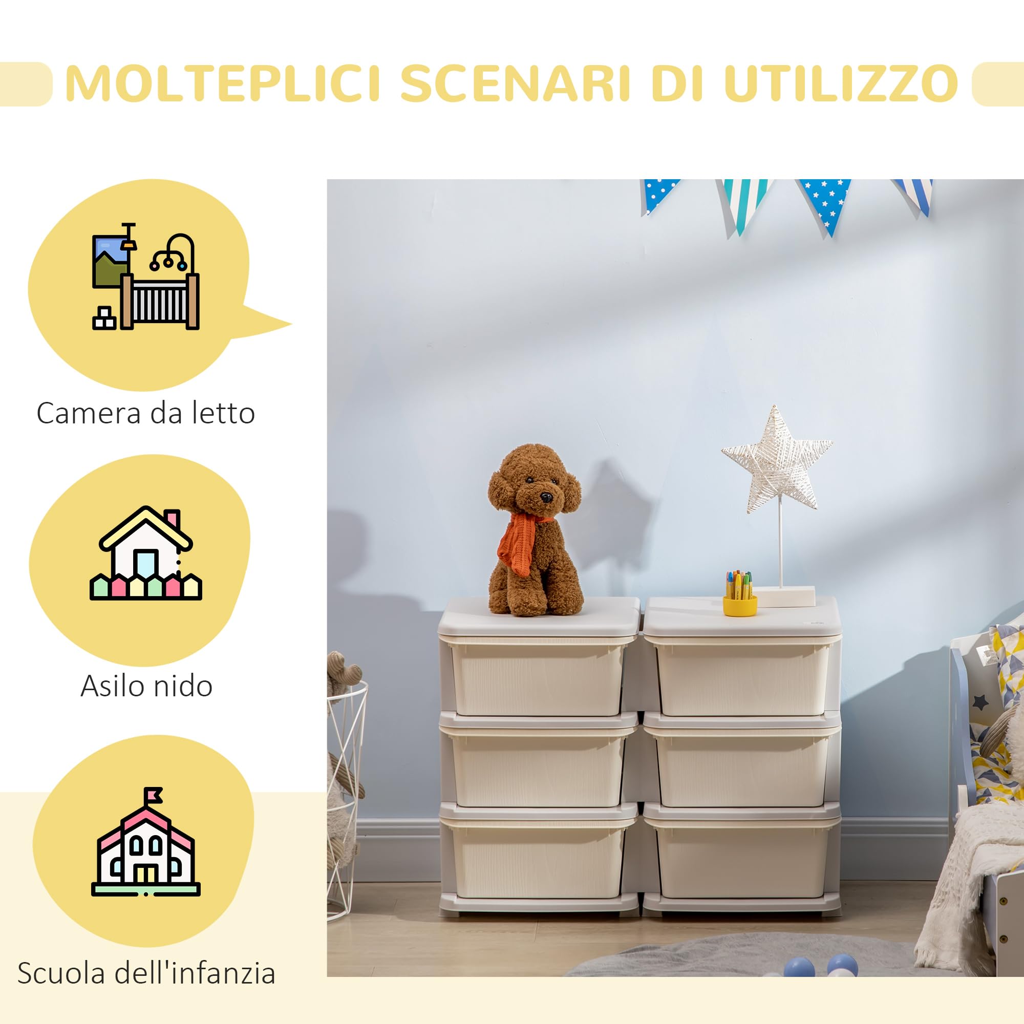HOMCOM Mobile Cassettiera per Bambini 3-6 Anni con Bordi Arrotondati, Cassettiera Moderna in PP, 75x37x56.5 cm, Bianco Crema