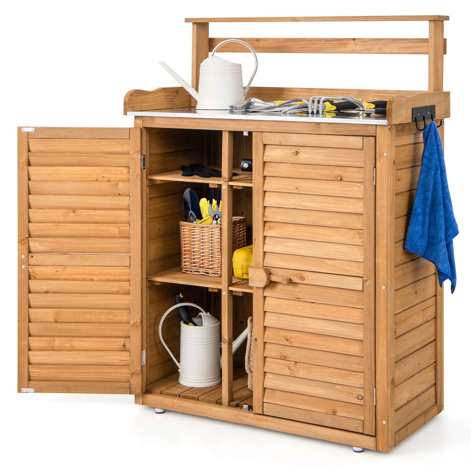 COSTWAY Armario Exterior de Madera Abeto, Cobertizo Exterior con Encimera de Metal Galvanizado, Estantes Extraíbles y 2 Puertas, Caseta Jardin Terraza Balcon, 87 x 45 x 120 cm (Natural)