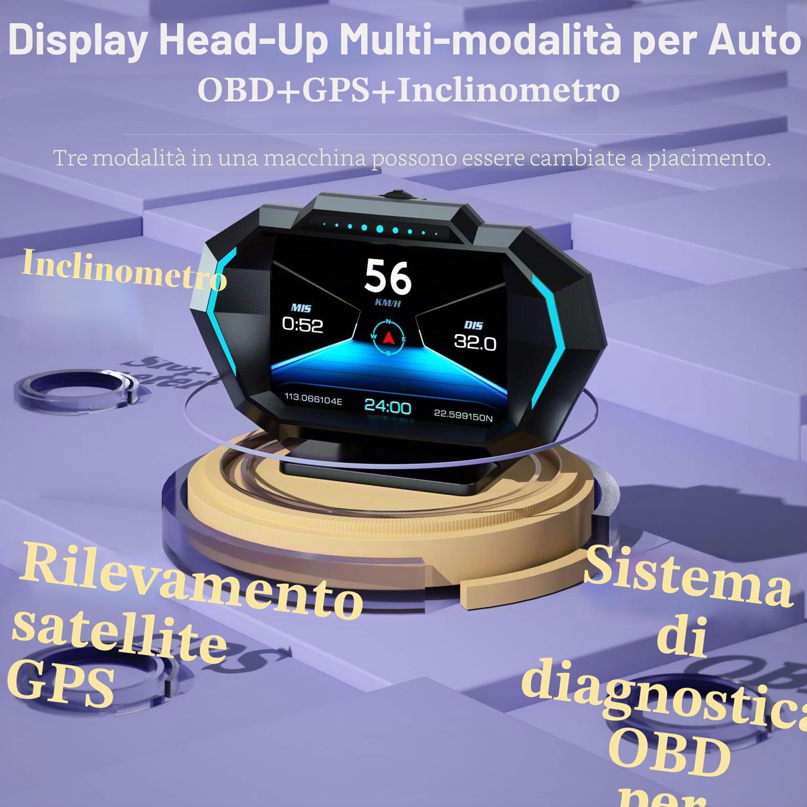 Display per auto, OBD2+GPS+modalità misuratore di pendenza, display multilingue, unità MPH e KM/H modificabili per tutte le auto
