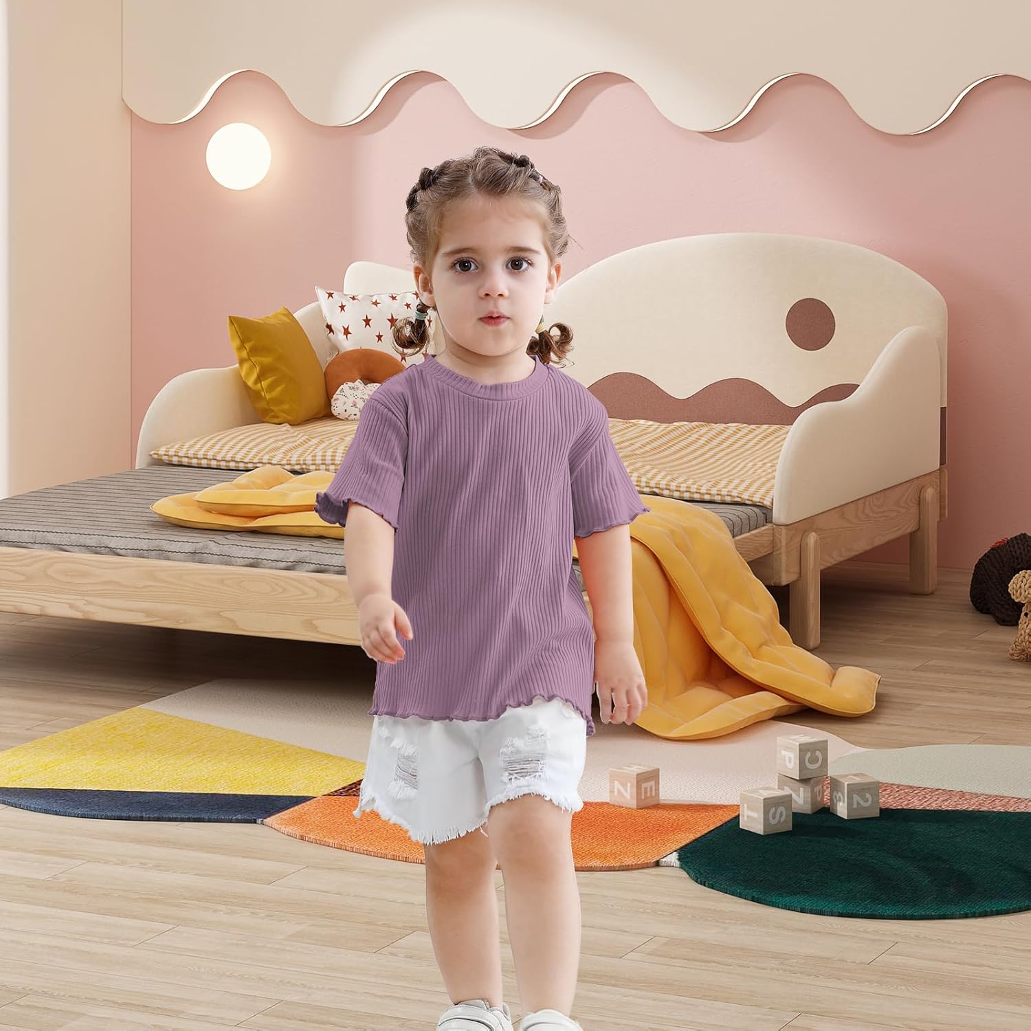 3 Pack Toddler Girl T-Shirts Ruffle Short Sleeve Baby Girls Top Basic Solid Ribbed Casual Tees for Little Girls - Image 2