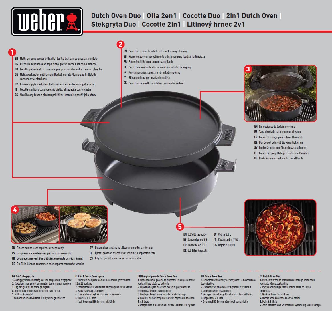 Weber Garnek Żeliwny Dutch Oven 2 w 1 do Systemu Gourmet Bbq, Garnek z Pokrywką Używaną Jako Patelnia, Czarny (8857)