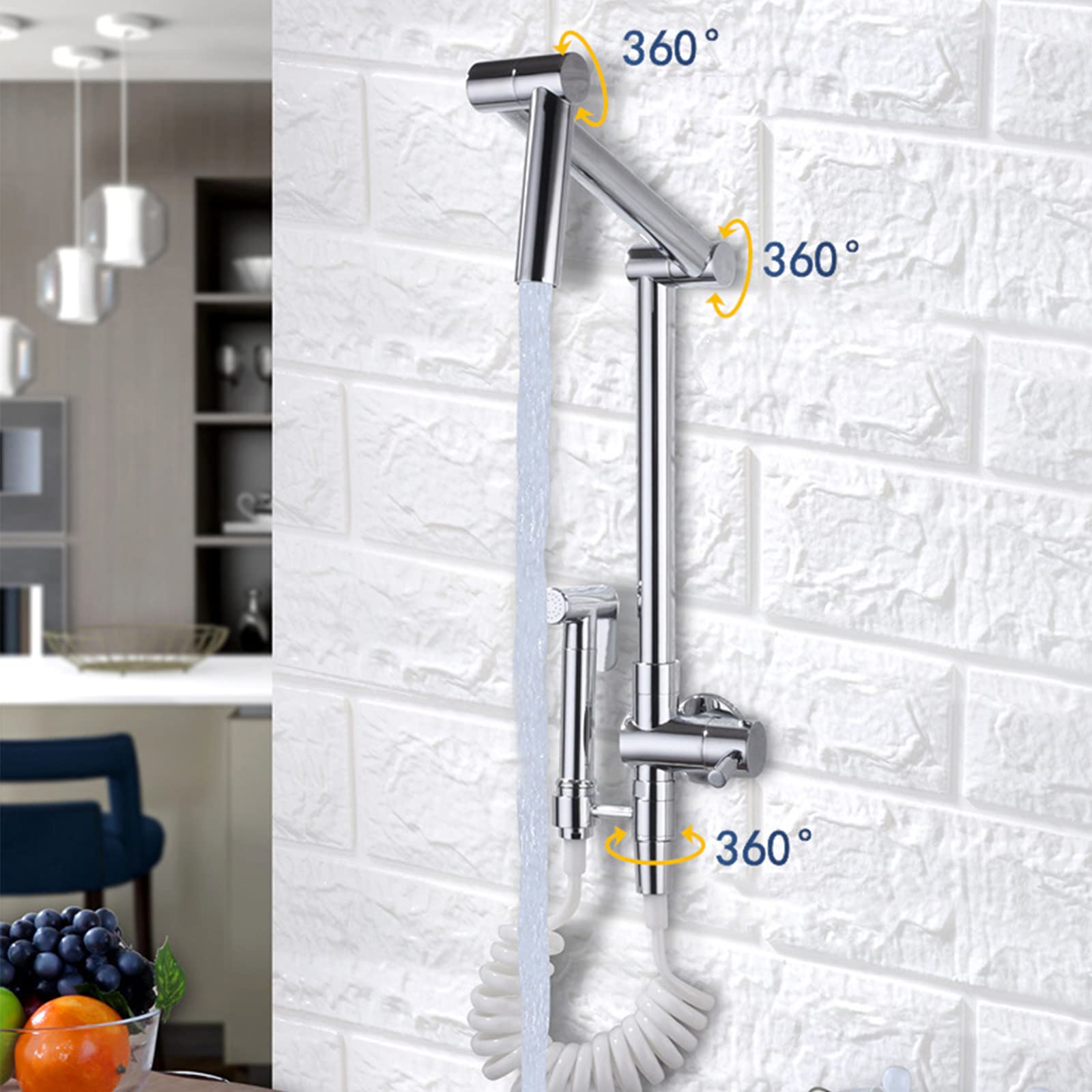 Grifo de Cocina Plegable para llenar ollas con rociador, Fregadero Individual de Agua fría montado en la Pared, Brazo Doble Giratorio, Grifo retráctil con manija de latón Moderna,