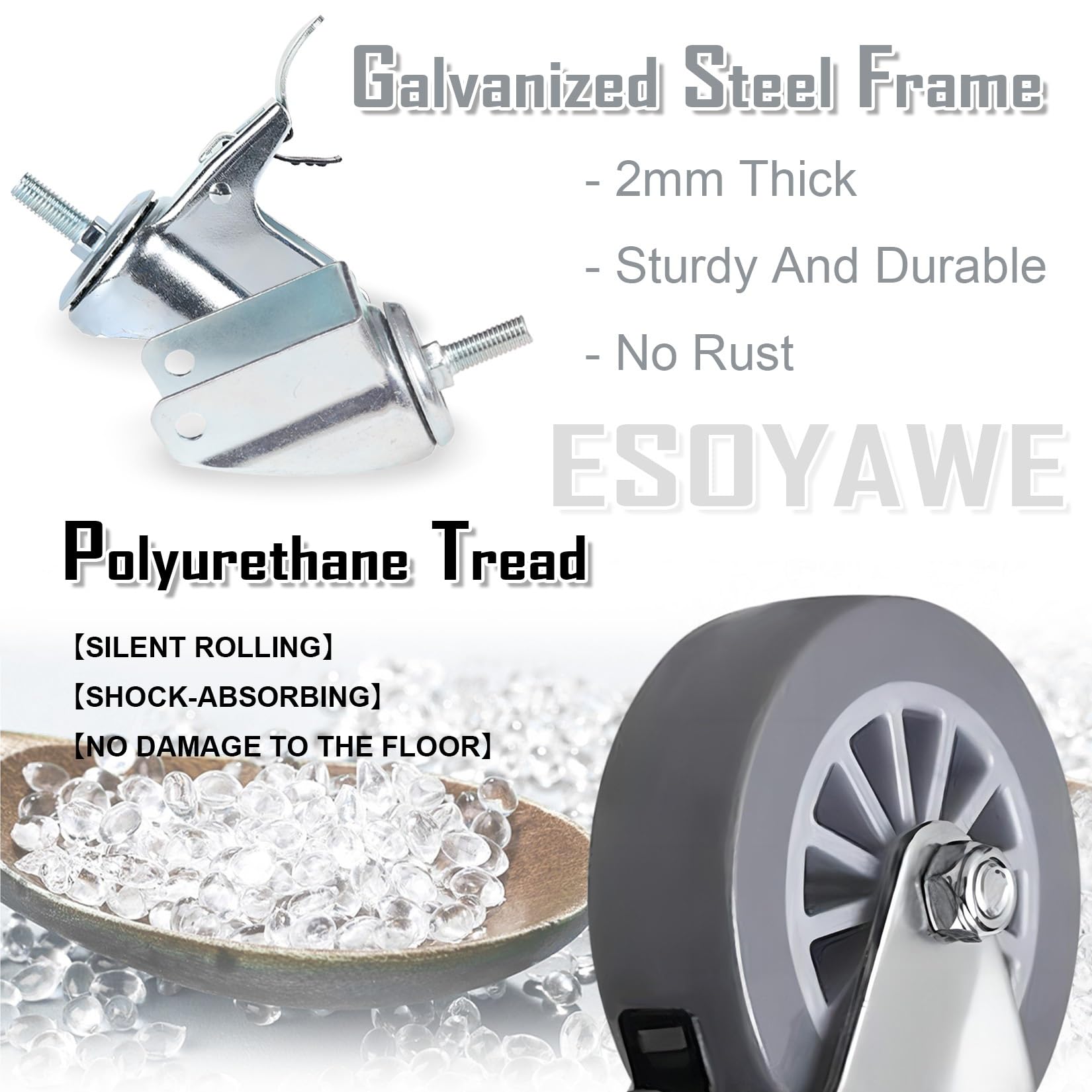 ESOYAWE Lenkrollen Für Möbel Mit M10×15mm Gewindestange 4er SET, 38mm 50mm 62mm Keine Spuren & Leise Polyurethan-Rollen, 360° Rotation Ersatzrollen Mit Bremse, Tragfähigkeit 35KG Pro Rolle