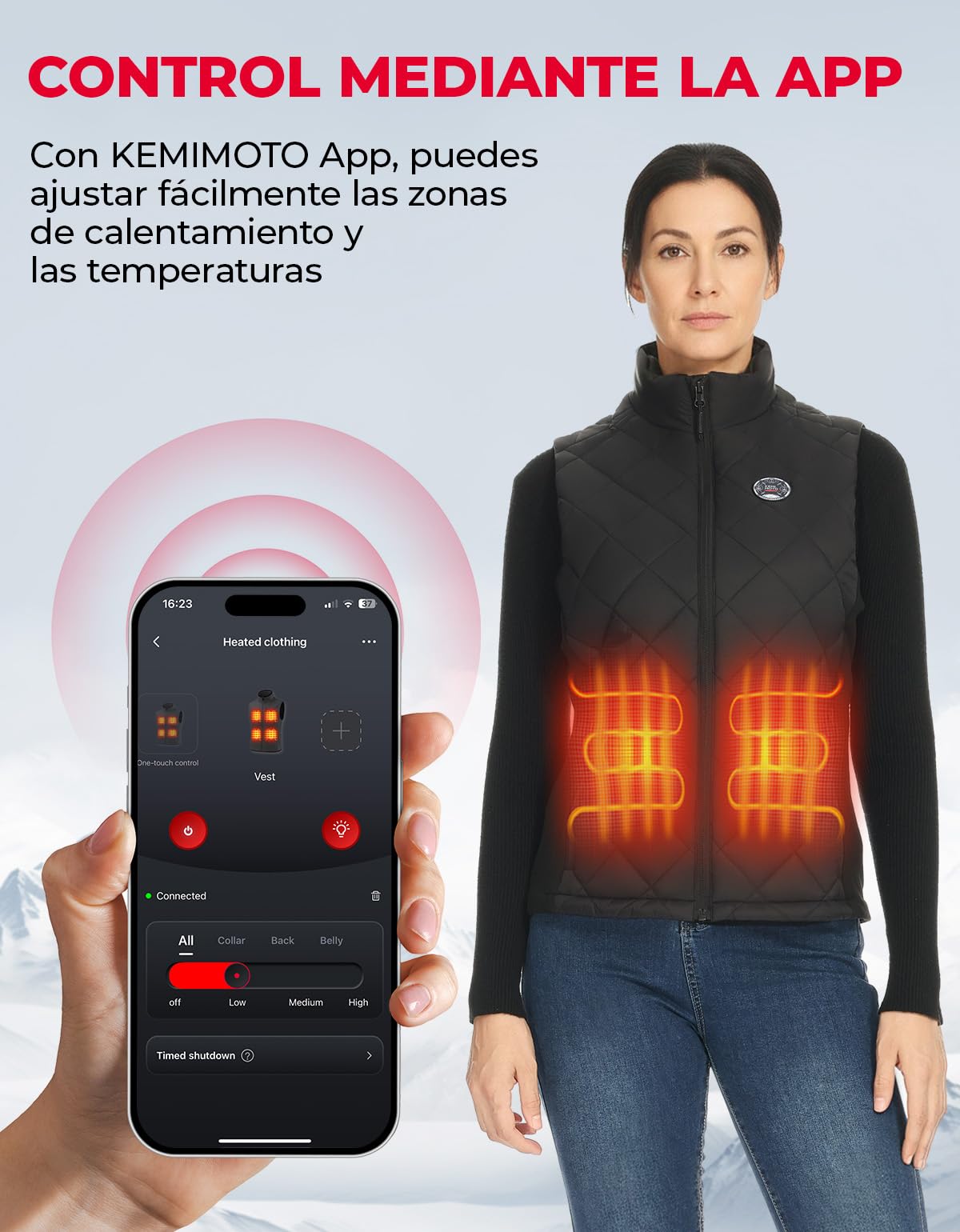 KEMIMOTO Chaleco Calefactable Mujer con Control APP, Control independiente, Chaleco Térmico Corte Elegante y Ajustado Batería 10000 mAh, 4 Zonas Calefactora Pesca Senderismo