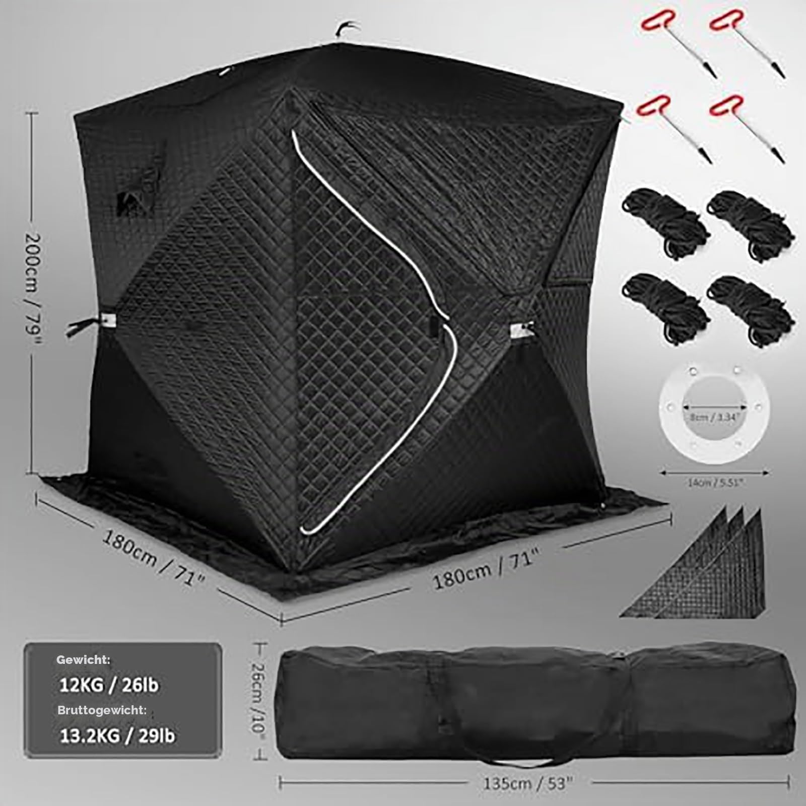 Outdoor Saunazelt,Isoliertes Allwetter Angelzelt für 4 Personen mit Schornstein,stabil und Panorama, Einfach Aufzubauen,ideal für Camping und Schneefischen