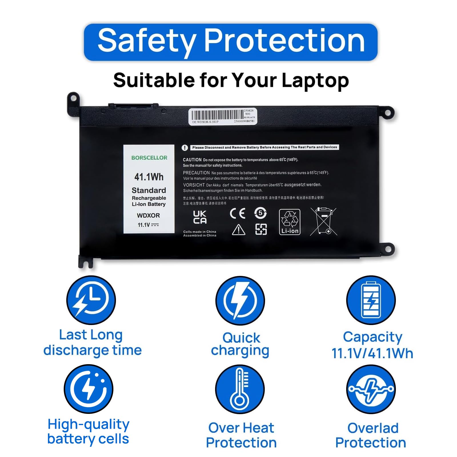 WDX0R WDXOR - Batteria per PC portatile Dell Latitude 3480 3580 3189 3379, Inspiron15 5565 5567 5568 5578 5579,7560 7570 7573 7579, Vostro 5468 568 CRH3 TT. 2JX4 FC92N 11.1v 41.1Wh