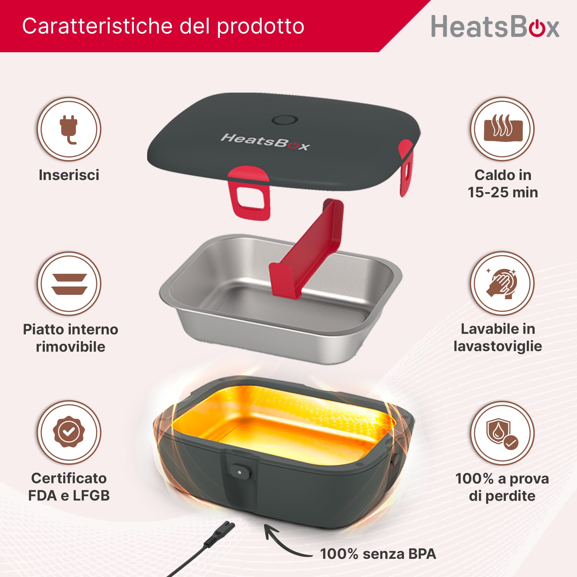 Faitron HeatsBox Style - Scaldavivande Elettrico Portatile senza BPA, Fiamma Termica in Acciaio Inox con Pressione Fumi, Porta Pranzo (925 ml), 90 W