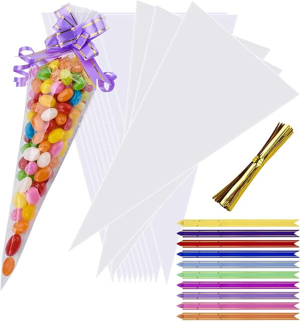 100PCS Clear Cone Bags AUERVO Sweets Cellophane Treat Bags 12" X 6.3" AUERVO Clear Resealable Cello Bags Party Gift Bags OPP Plastic Bag with 100PCS Mix Pull Bows for Candy, Soap, Cookie
