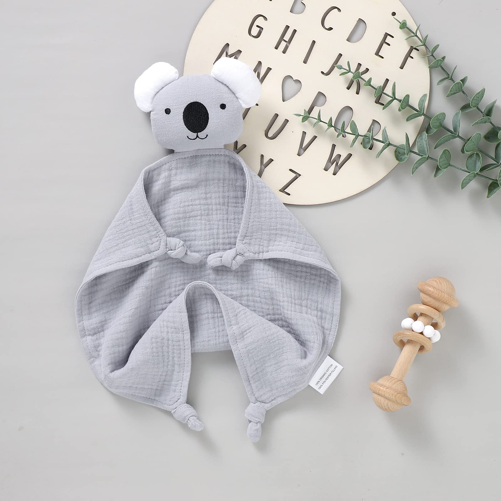 LAWKUL Baby Security Blanket Newborn Muslin Organic Cotton Babe Comforts Soft Infant Lovey for Boy Girl 40x40cm Koala Grey - Image 3