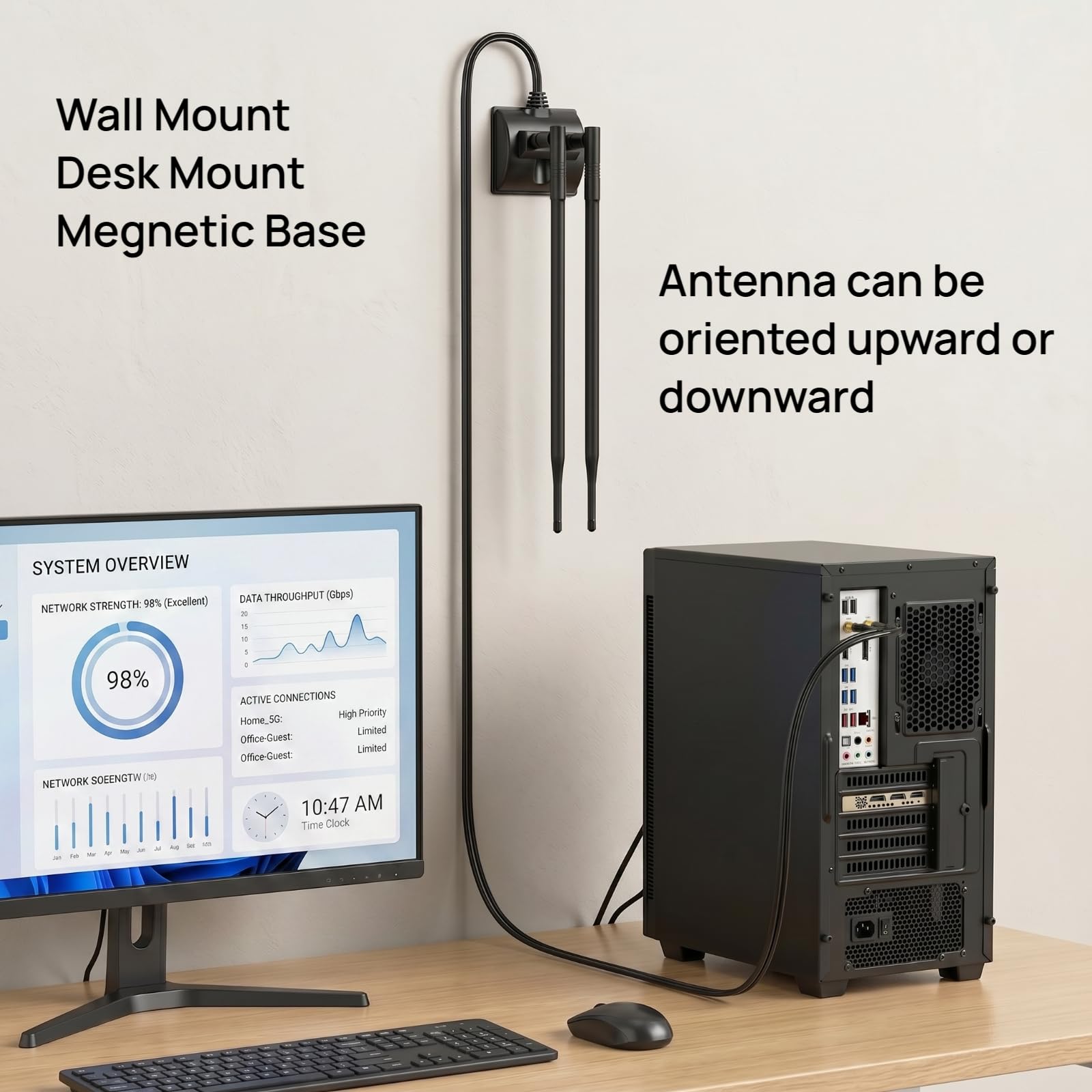 TECHTOO Antenne WiFi 9 dBi 2,4 GHz Connecteur RP-SMA avec base magnétique et câble d'extension de 1,2 m pour PC de bureau, ordinateur de bureau, carte réseau sans fil, carte réseau sans fil, carte