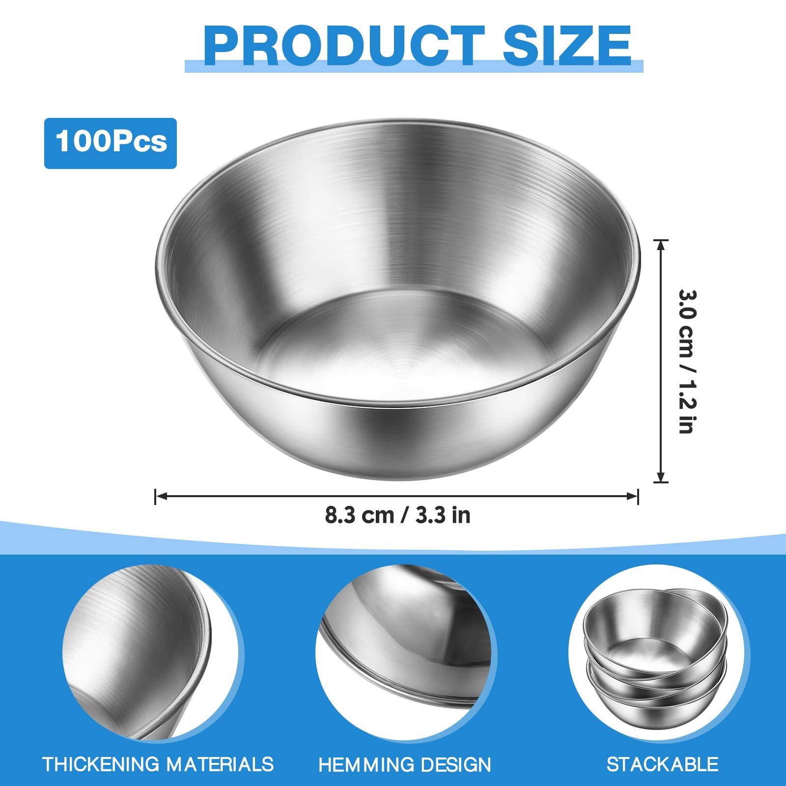 Mimorou Paquete de 100 cuencos pequeños de acero inoxidable para salsa, 3.3 pulgadas, redondos, para condimentos, sushi, tazones plateados, recipientes de ingredientes de metal para preparar