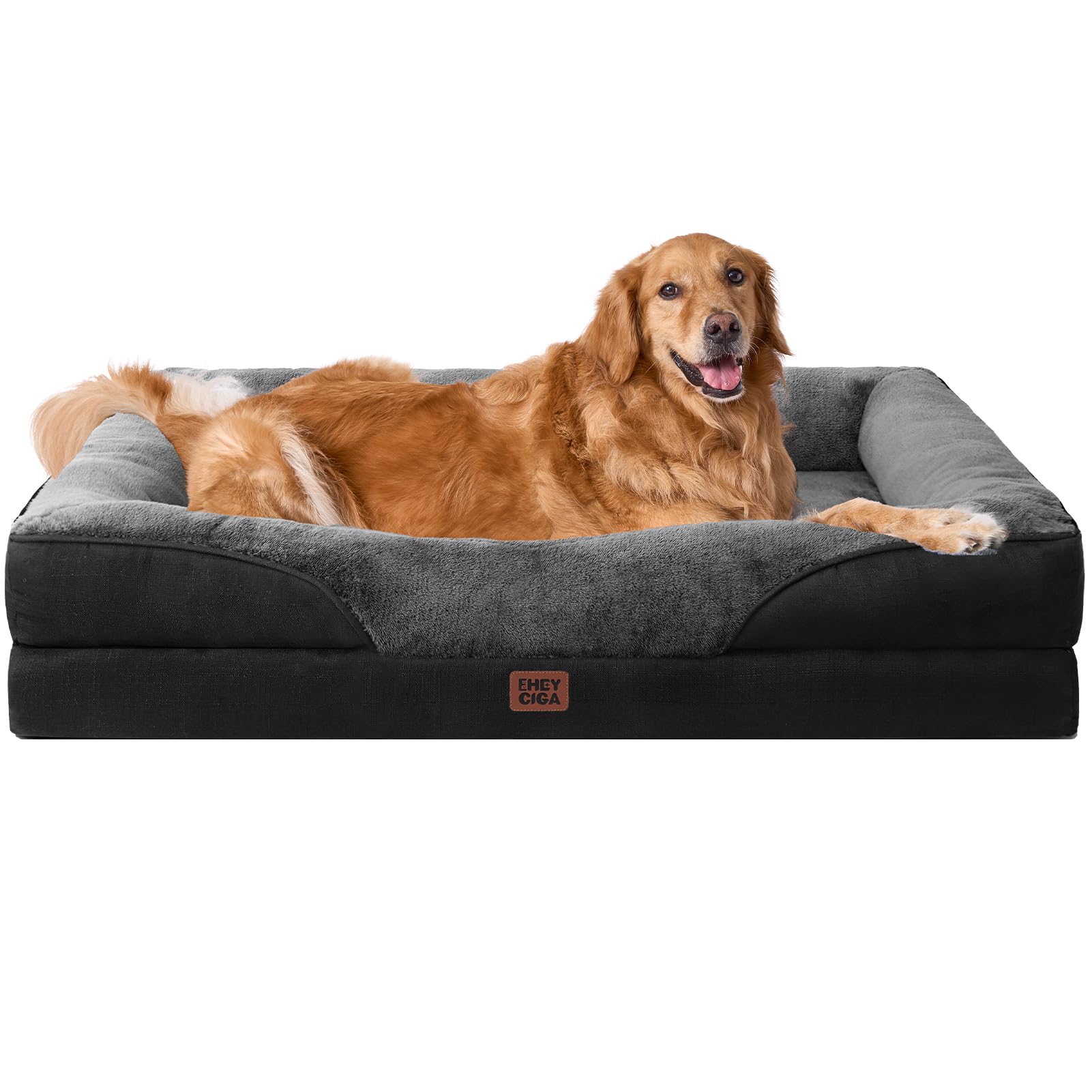 EHEYCIGA Memory Foam Cuccia Cane Interno Taglia Grande, Impermeabile Divano per Cani Sfoderabile e Lavabile, Letto per Cani con 4 Bordi Rialzati, Grigio Scuro/Nero, 106.5x76x18.5cm