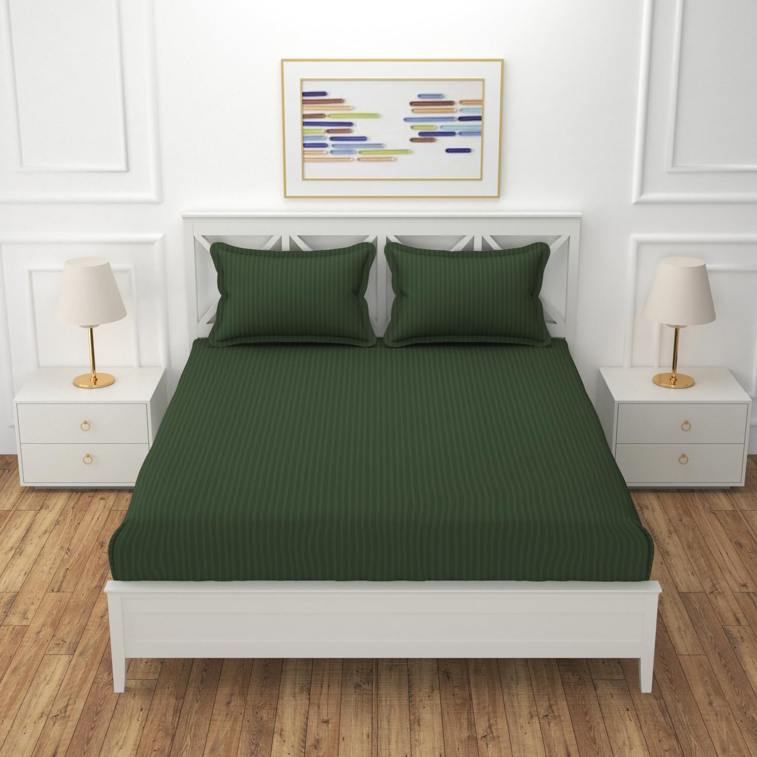 Premium Pure Cotton 220 Tc Flat Stripes Plain Single Bed Bedsheets for Summer Breathable | Wrinklefree (Size-60 X 90 Inches) with 2 Pillow Covers (Size-18 X 28 Inches, Green)-picture-20