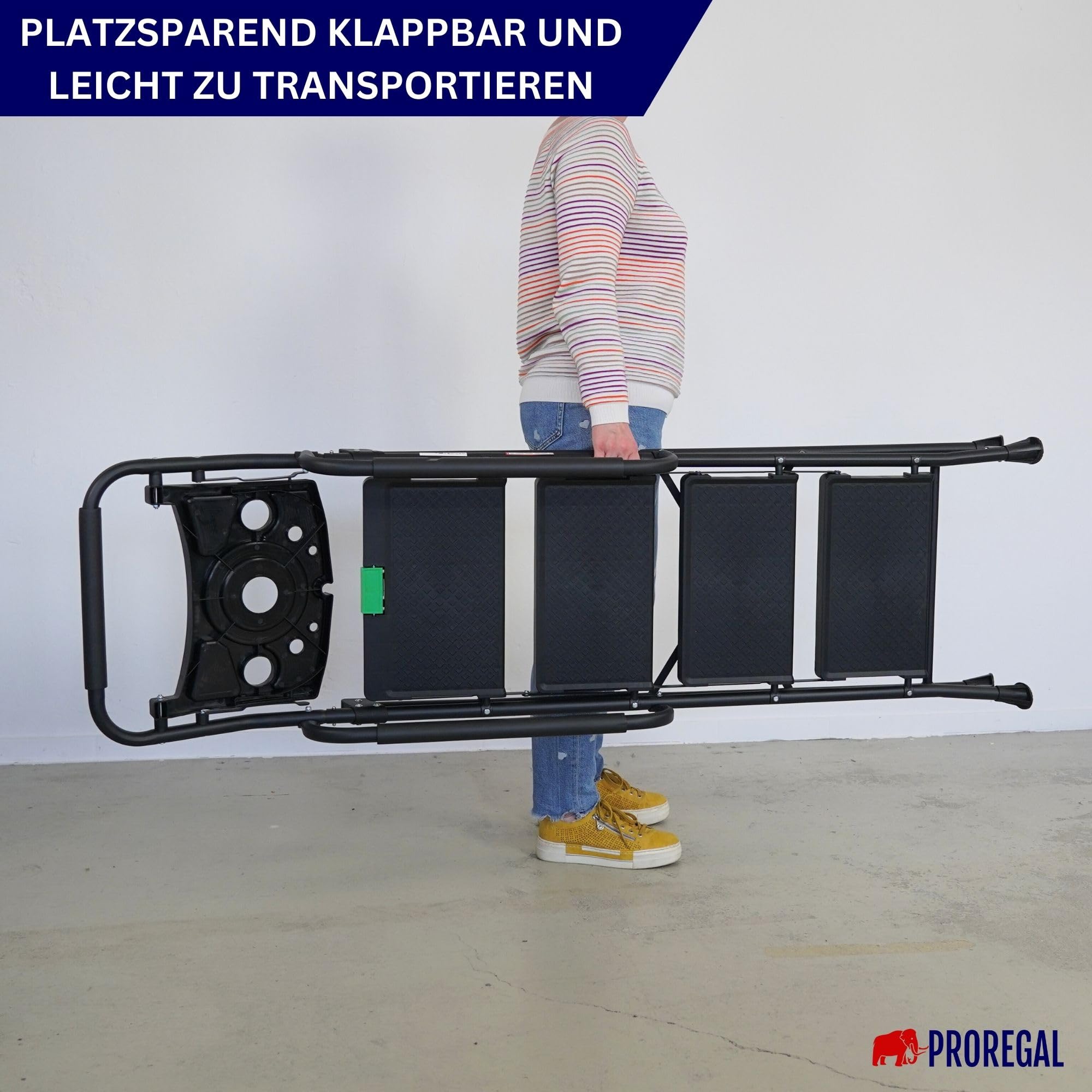 PROREGAL Profi-Escabeau pliant avec certification TÜV/GS, avec arceau manuel et plateau à outils 4 marches avec surface striée HxLxP 160x51x87cm Capacité de charge 150kg Acier Noir, Marche Pied Pliant