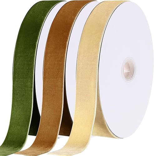 Yilloog 3 rollos de cinta de terciopelo navideño de una sola cara, vintage, para coronas de árboles de Navidad, lazos para envolver regalos (1 Verde