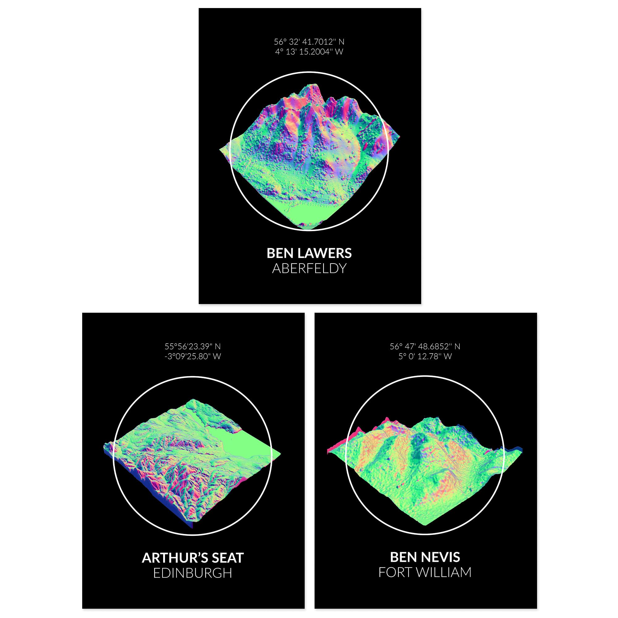 Wee Blue CooPack of 3 Neon Scottish Hill and Mountain Topography Maps Ben Lawers Aberfeldy Unframed Wall Art Living Room Prints Set