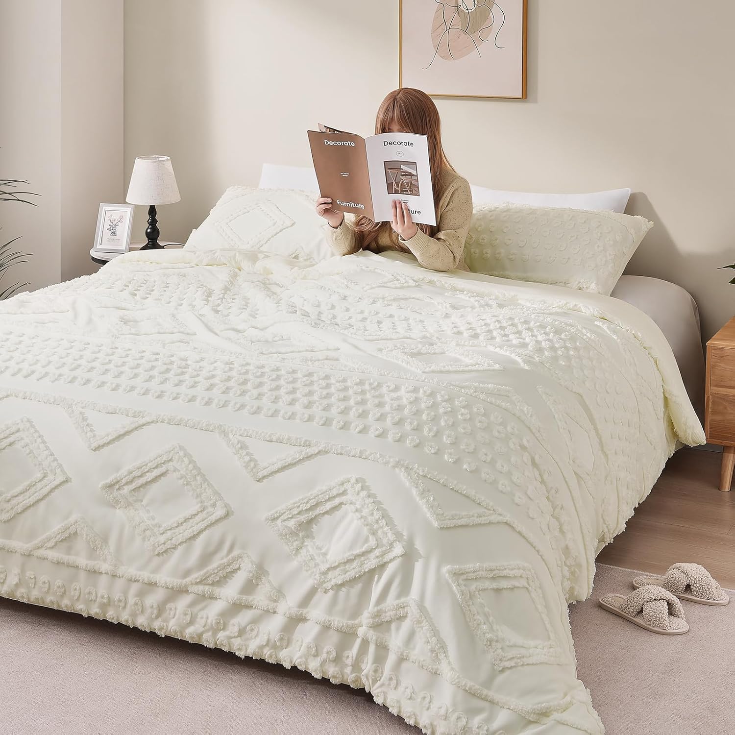 Boho Queen Comforter Set Beige with Sheets, 3 Pieces Tufted Queen Comforter Sets Boho Bedding Cream Soft Warm Neutral Comforter Sets for All Seasons