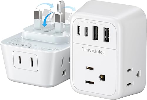 Adaptador de enchufe de viaje europeo, adaptador de enchufe plegable con 4 tomas, 4 puertos USB (2 USB-C), cargador de pared internacional,