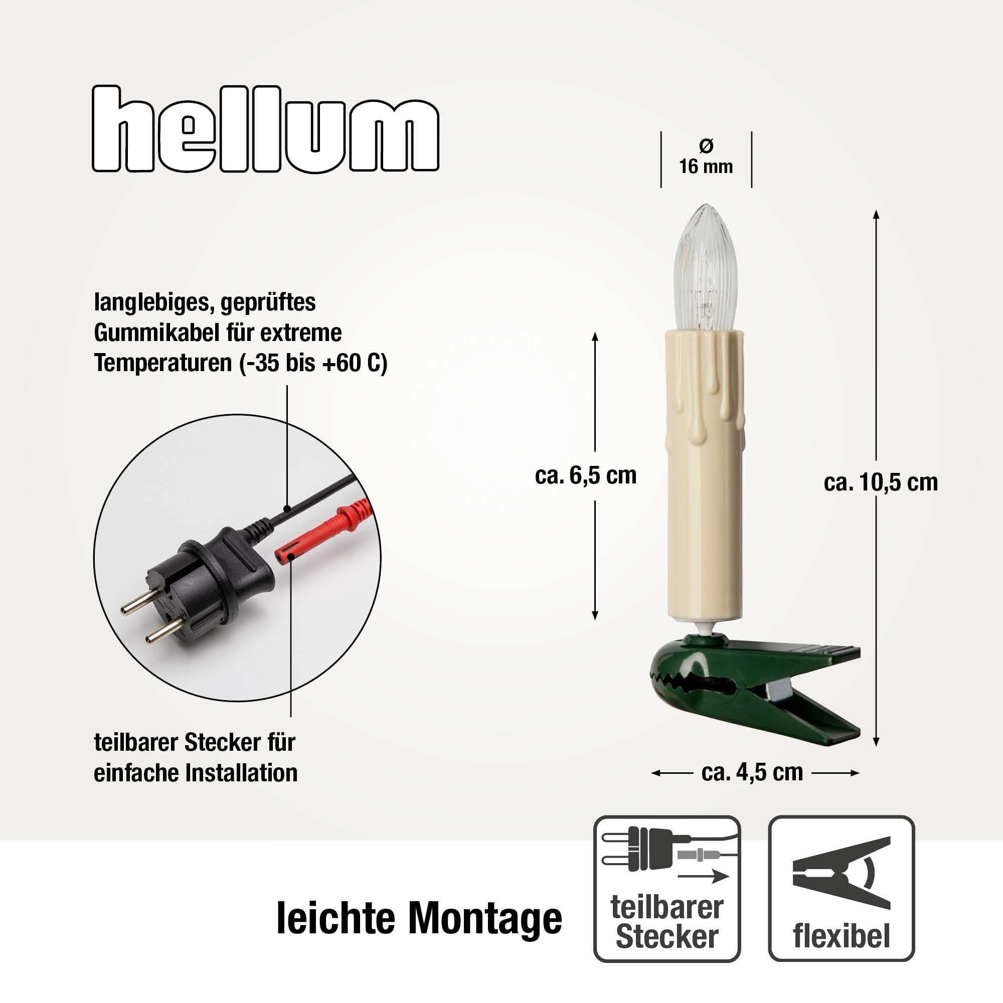 hellum Lichterkette Kerzen Weihnachtsbaum mit Wachstropfen für innen, Made in Germany, 30 Lichter mit teilbarem Stecker, 20,30 m beleuchtet, inklusive 3 Ersatzkerzen, kein LED <59lm 430257