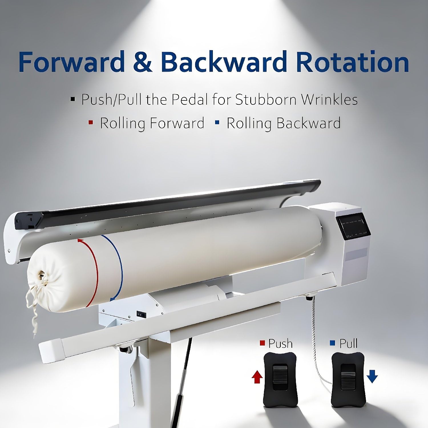 Rotationsdampfpresse, Bügeleisen mit rotierenden Walzen, Hotelwäschebügelmaschine, für den gewerblichen und privaten Gebrauch. Für Bettwäsche, Kissenbezüge und Kleidung.