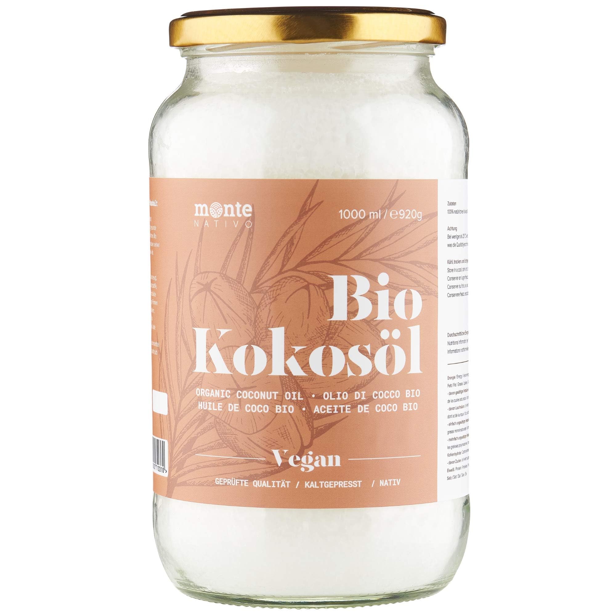 Kokosöl Bio Monte Nativo 1000ml (1L) - Coconut Oil - Kokosnussöl in Rohkostqualität - Reines Kokosfett - Bio Kokosöl nativ kaltgepresst zum Kochen, Braten und Backen, für die Haare, Zähne und Haut