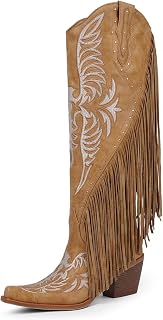 QIY Cowboy Boots for Women Fringe Cowgirl Boots Embroidered Studded Pointed Toe Chunky Heel Western Knee High Boots Pull On Tall Boot