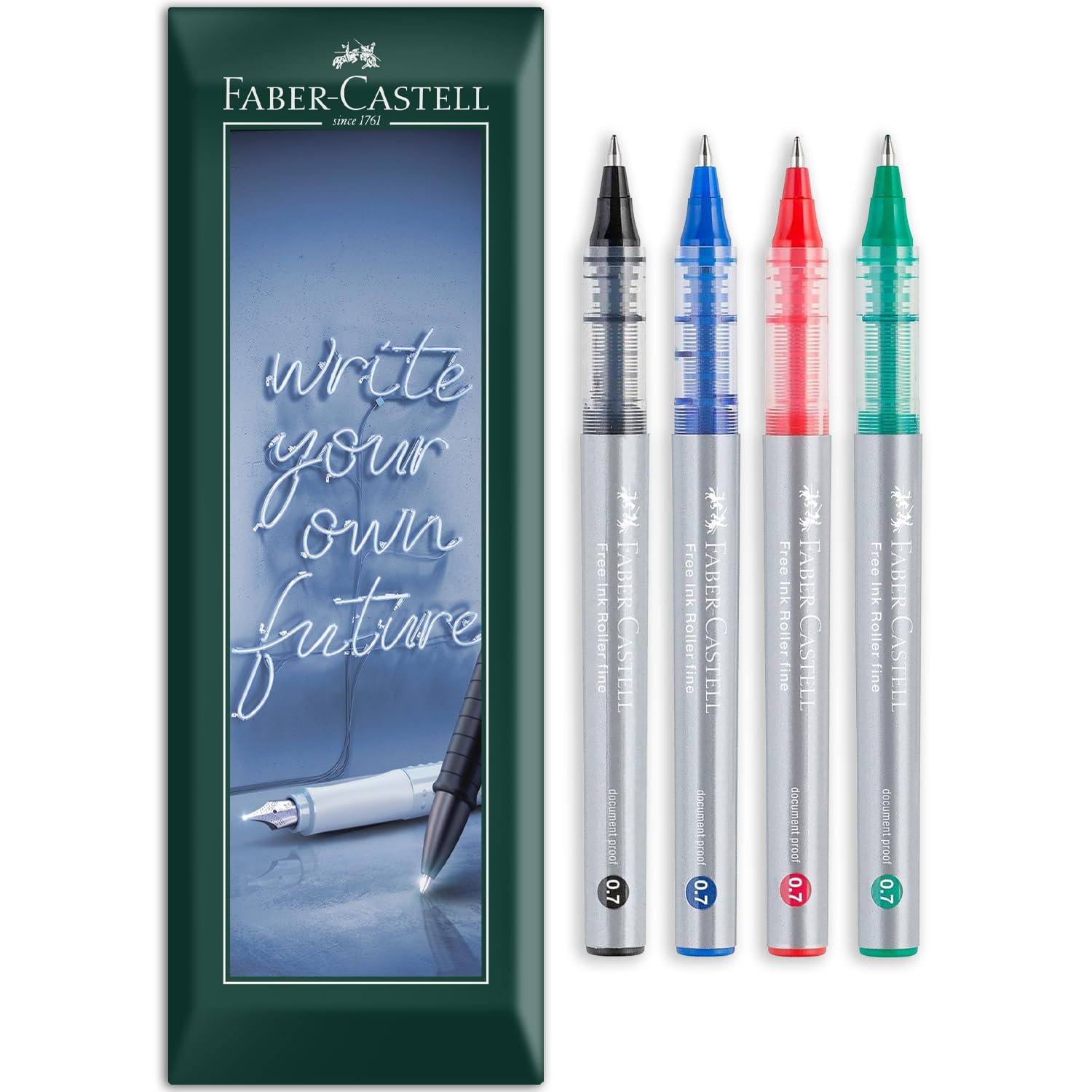Faber-Castell Free Ink Roller Pen - 0.7mm Nib - Envelope Gift Pack of Rollerball Pens - Stationery for Office, Work, Home etc - Pack of 4 (Mixed)