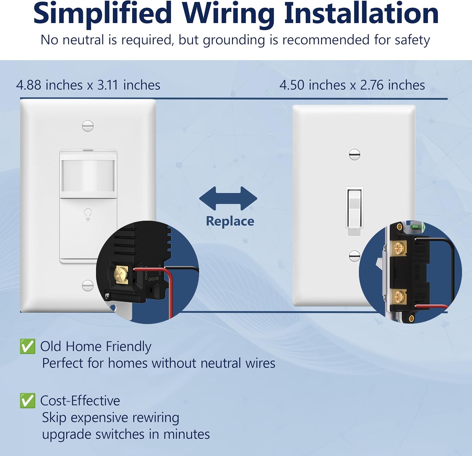 LIDER PIR Vacancy Motion Sensor Switch with LED Guide Light, 1200 Sq. Ft. Coverage, No Neutral No Ground, Adjustable Time Delay, UL Listed, Wall Plate Included, White