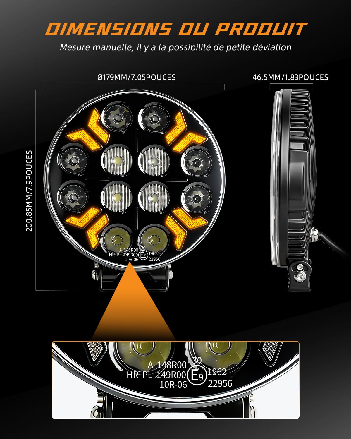 CO LIGHT Phare de Travail Led Rond 7 Pouces 120W Phare Longue Portée LED Blanc/Ambre DRL Compatible Voiture Camion Bateau Tracteur 2PCS