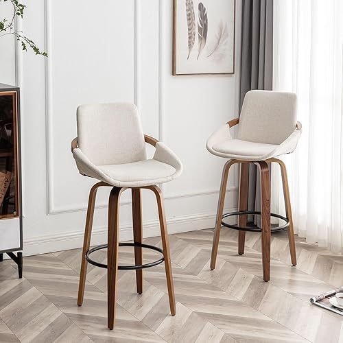 Miniatura 7 de LUNLING Taburetes de bar de altura de barra de 25.6 pulgadas, sillas de bar retro modernas de mediados de siglo, con aspecto de lino beige carbón,