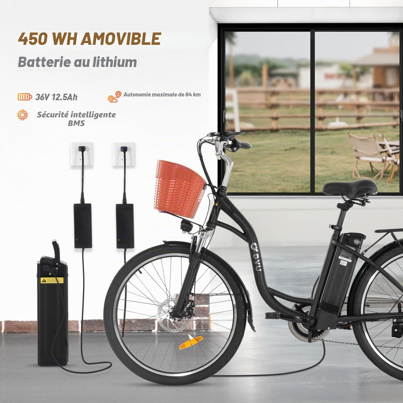 DYU Vélo Électrique,26 Pouces Vélo Électrique avec Dérailleur 6 Vitesses,36V 12,5Ah Batterie Amovible,Smart Urban E-Bike avec Panier,Pédalage Assisté,Hauteur Réglable,Adulte Unisexe
