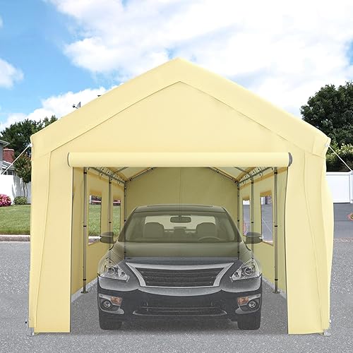 Miniatura 8 de Happybuy Cochera mejorada, toldo de coche de 10 x 20 pies, refugio de garaje resistente con 8 patas, paredes laterales y ventanas extraíbles, tienda