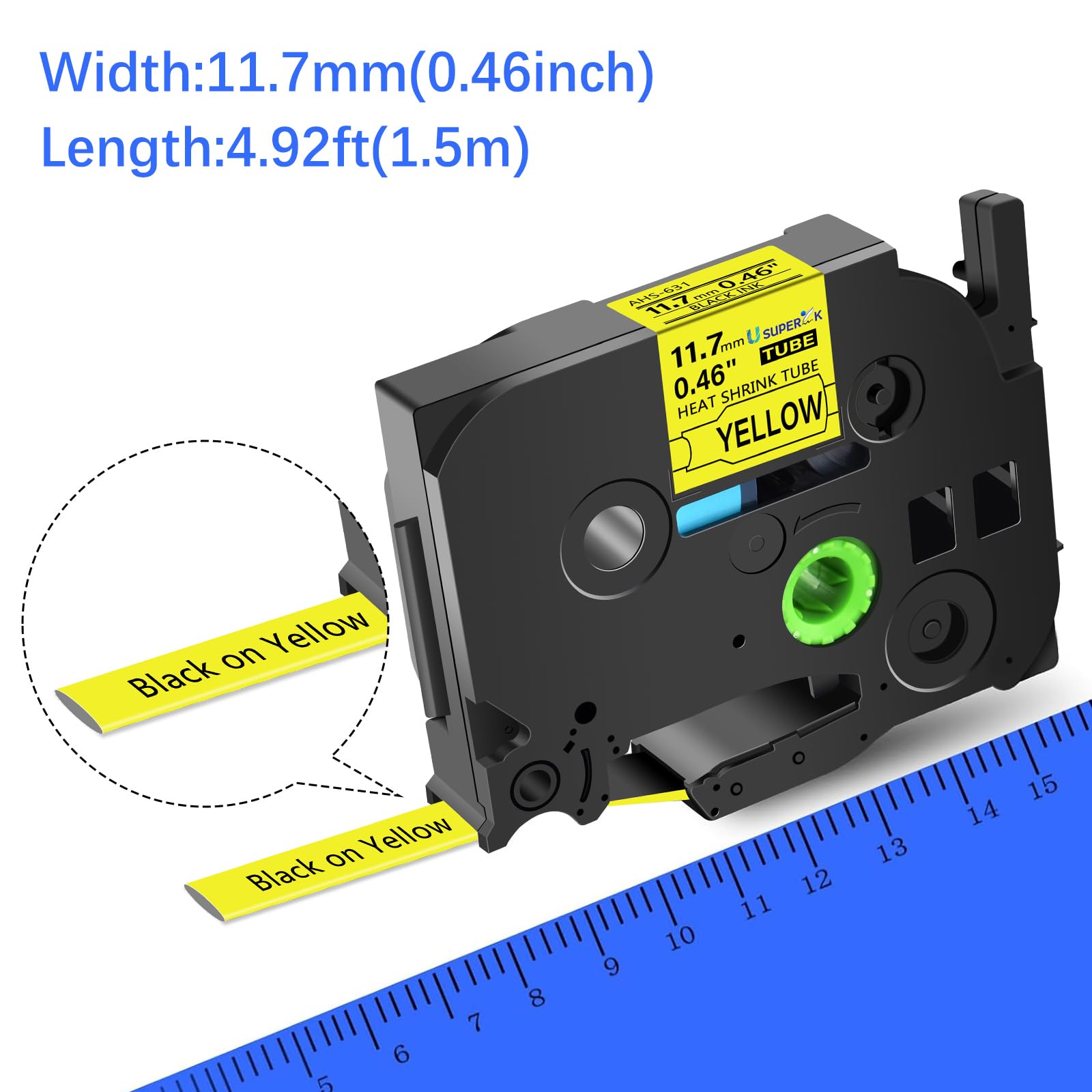 SuperInk - Nastro termorestringente per stampanti Brother HSe-631 HS-631 HS631 nero su giallo, per stampanti PT-D210 D200 D400 D450 D600 H300 P700 P900 (0,46''x 1,6''x 1,6'') 5 m. ,7 mm x 1,5 m.