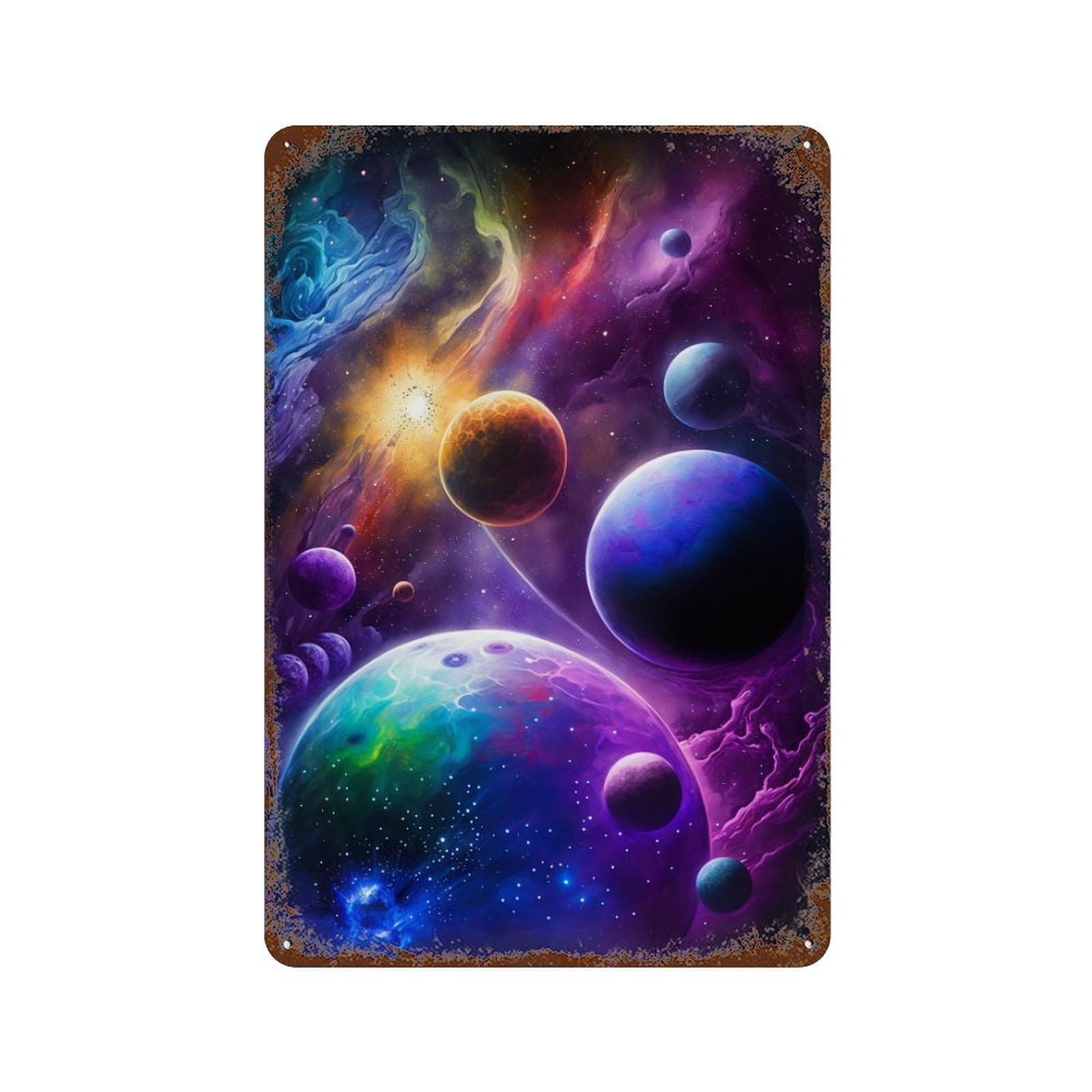 Rust Effect Tin Sign Cosmic Planets in Space-2 11.8"x7.9", Vintage Wall Decor for Living Room, Hallway And Home Decor