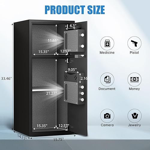 Miniatura 3 de Caja fuerte grande de doble puerta de 7.0 pies cúbicos, impermeable, resistente al fuego, con alarma dual y teclado brillante 3D, función de