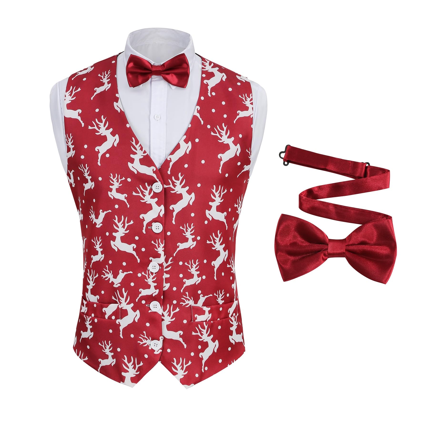Photo 1 of Colorful House Men Ugly Christmas Suit Vest and Tie Set Adult Funny Holiday Vest Christmas Waistcoat Vest Costume Medium Red Reindeer