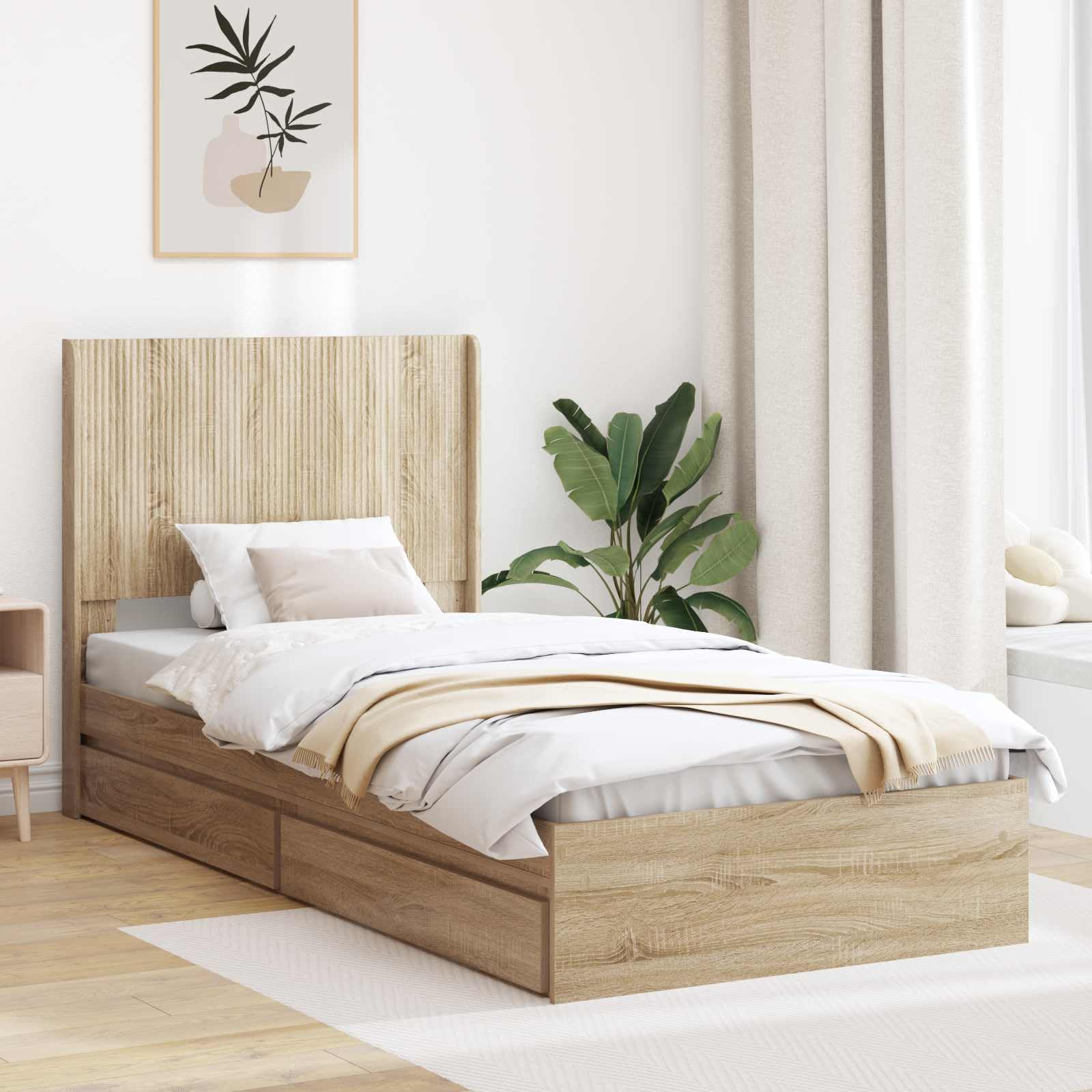 Rama de cama con almacenamiento y cabecero Roble Sonoma 90x200 cm individual con compartimentos de almacenamiento estructura de cama de madera ingenieril moderna para dormitorio fácil limpieza