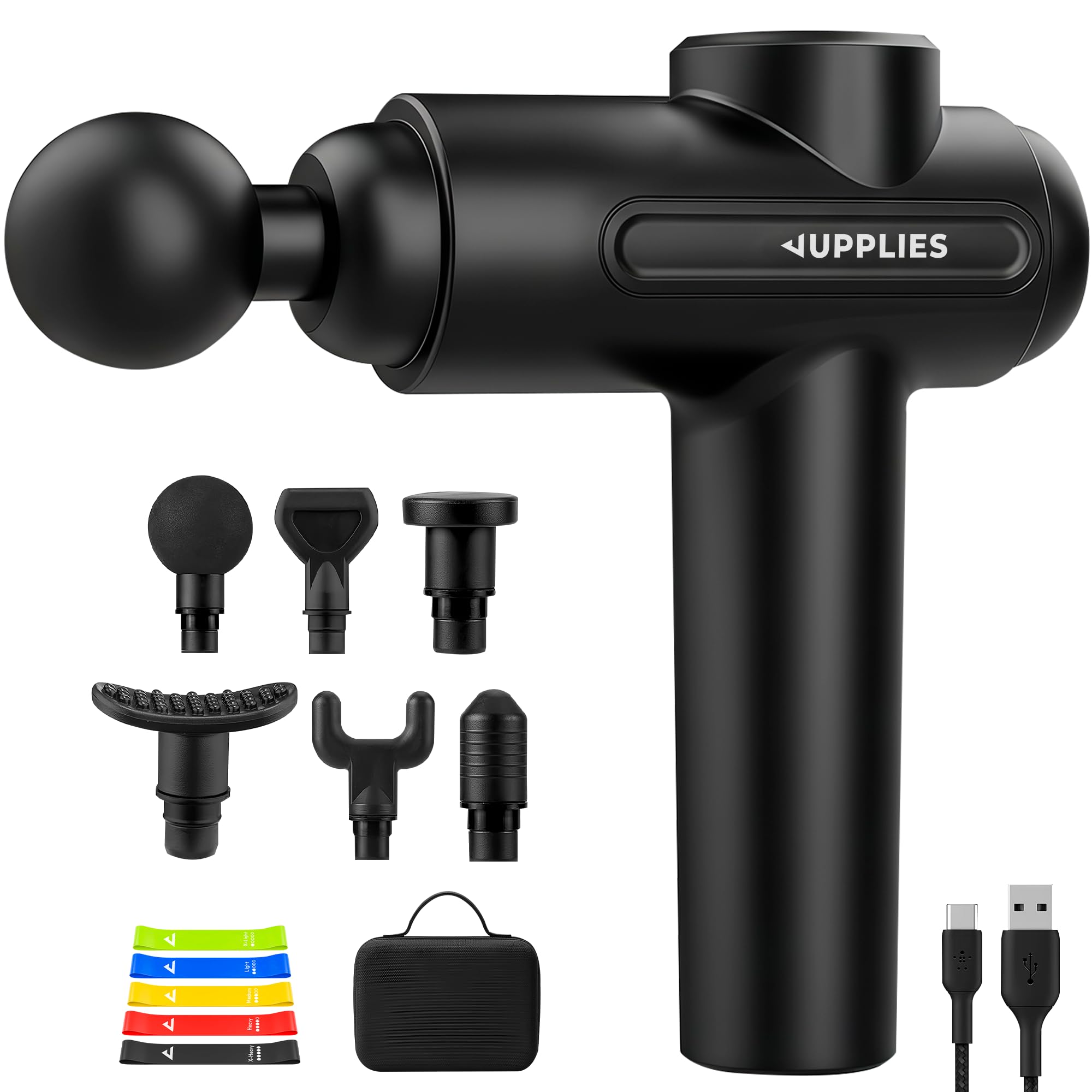 JUPPLIES Pistola de Masaje Muscular 30 Velocidades - 6 Cabezales, Silenciosa, 5H Autonomía, Pantalla Táctil LCD, Estuche y Carga USB-C | Masajeador Cervical y Espalda Profesional (Pistola + 5 Bandas)