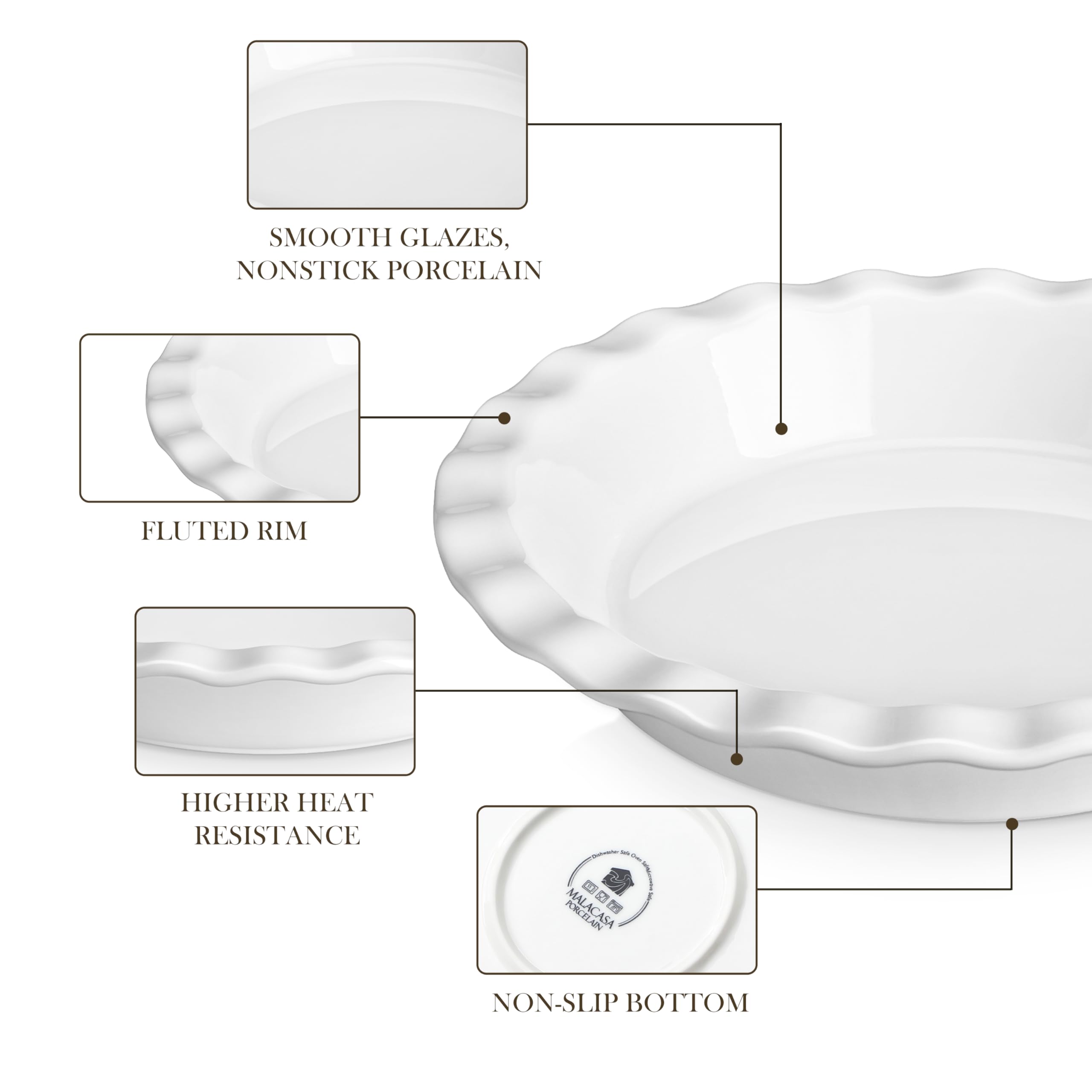 MALACASA Set di 2 Stampi per Torte in Porcellana, 1050 ml, Ø 27 cm x 4,5 cm, Teglie e Piatti da Forno con Bordo Ondulato per Crostate, Quiche, Pizza e Dessert, Bianco, Adatto a Forno e Lavastoviglie