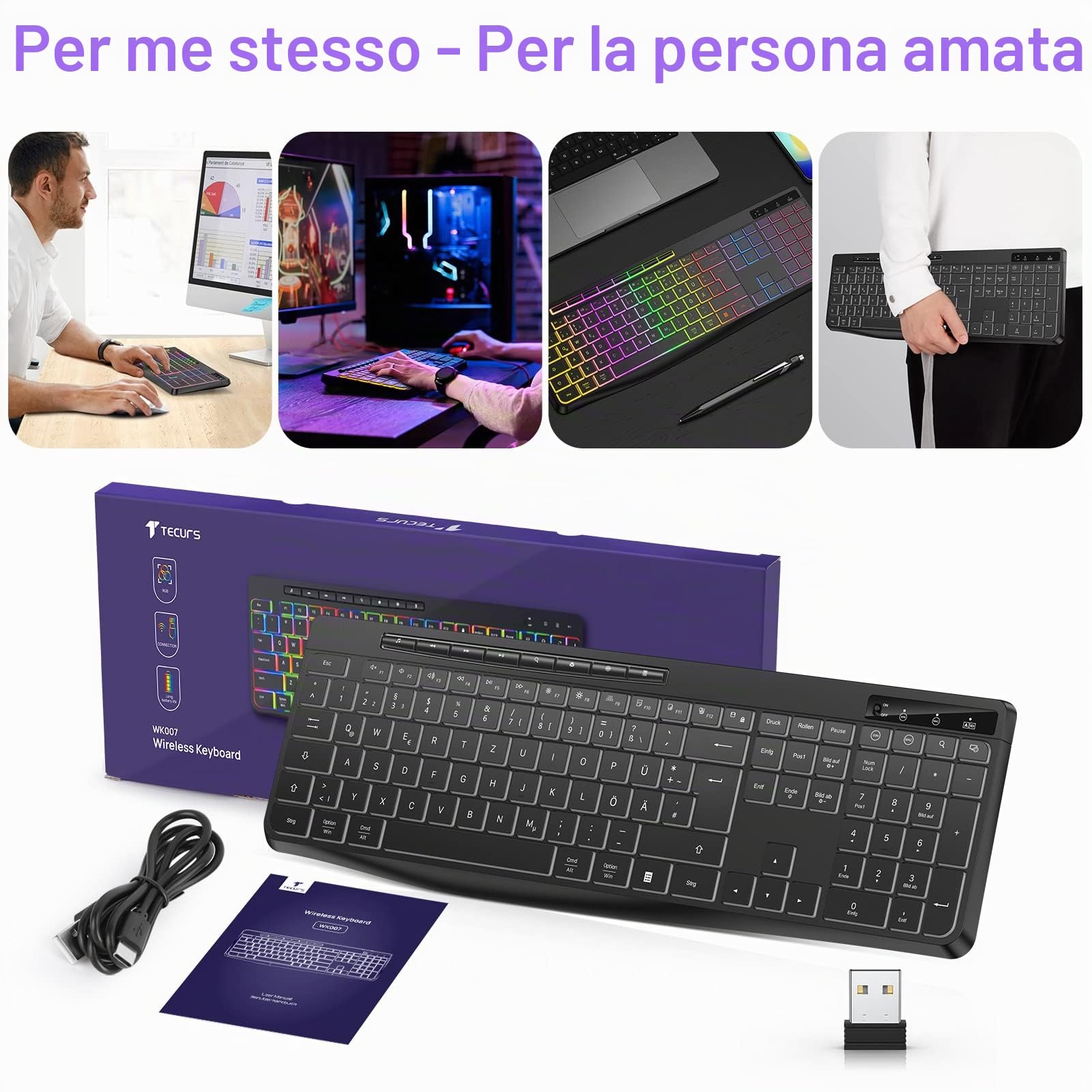 TECURS Tastiera da gioco wireless QWERTZ silenziosa illuminata ergonomica impermeabile tastiera LED 2,4 GHz per Windows/Mac/PS4/Xbox con tasti multimediali, colore nero