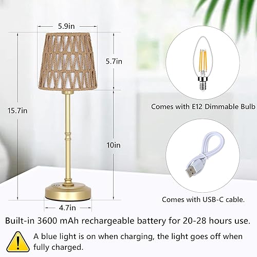 Miniatura 2 de Lámpara de mesa recargable dorada, lámparas inalámbricas de ratán con atenuación continua y bombilla E12, lámpara de escritorio con control táctil
