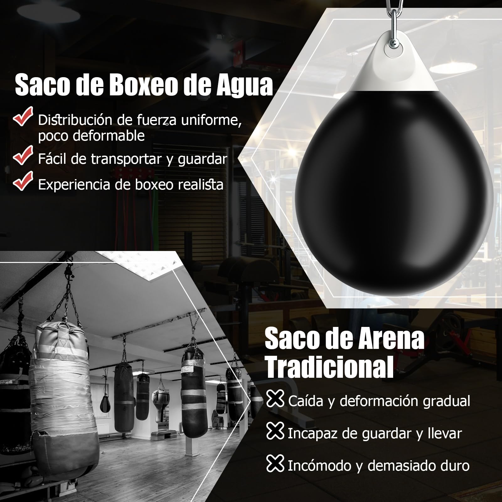 GYMAX Saco de Boxeo de Agua 45 cm 50 kg Cadena Metálica Ajustable