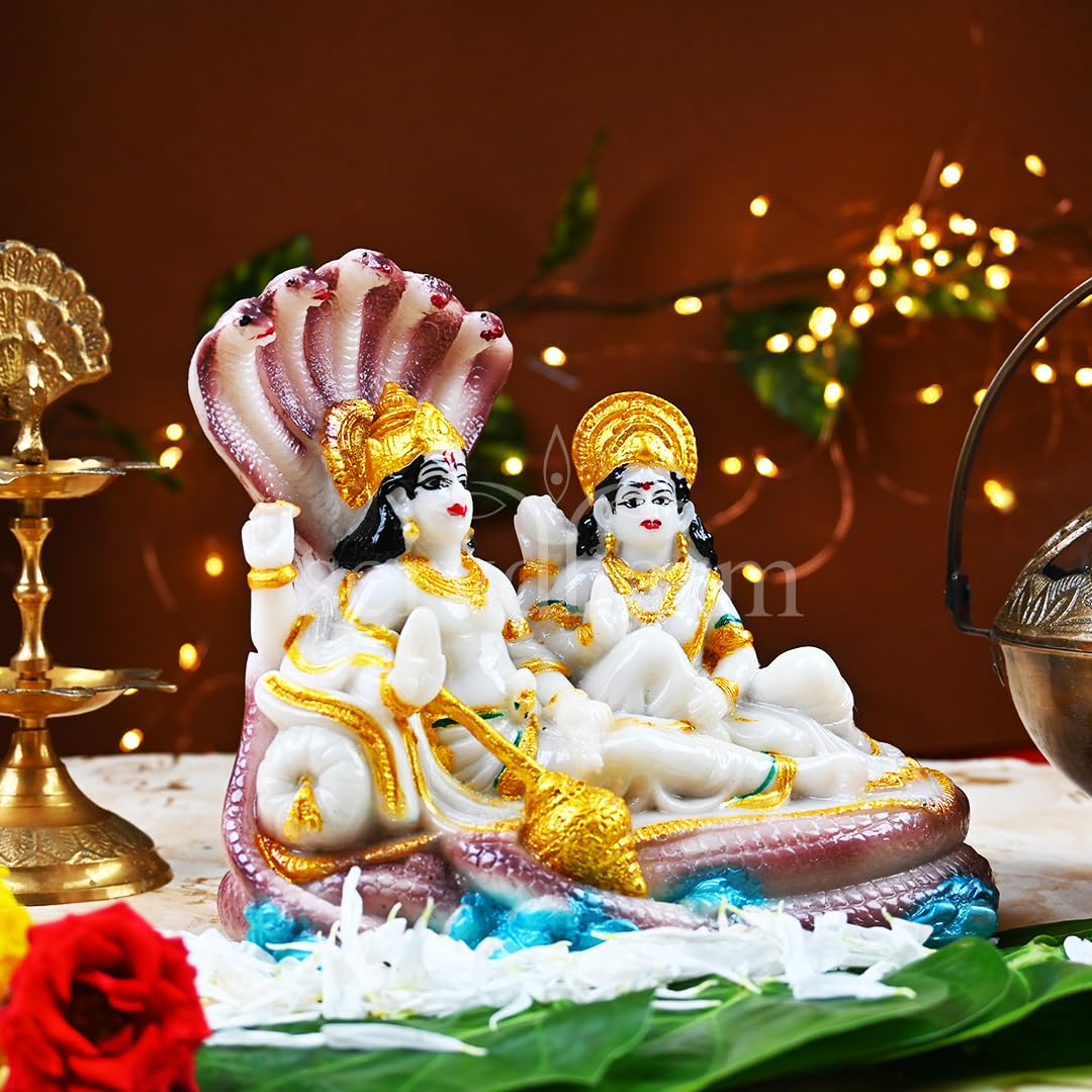 Servdharm Resin Lakshmi Narayan Murti For Home, Lord Vishnu Laxmi Ji Marble Finish Statue For Home Decor, Pooja & Gifting, 6.5 Inches Height (Vishnu Narayan), Multicolor