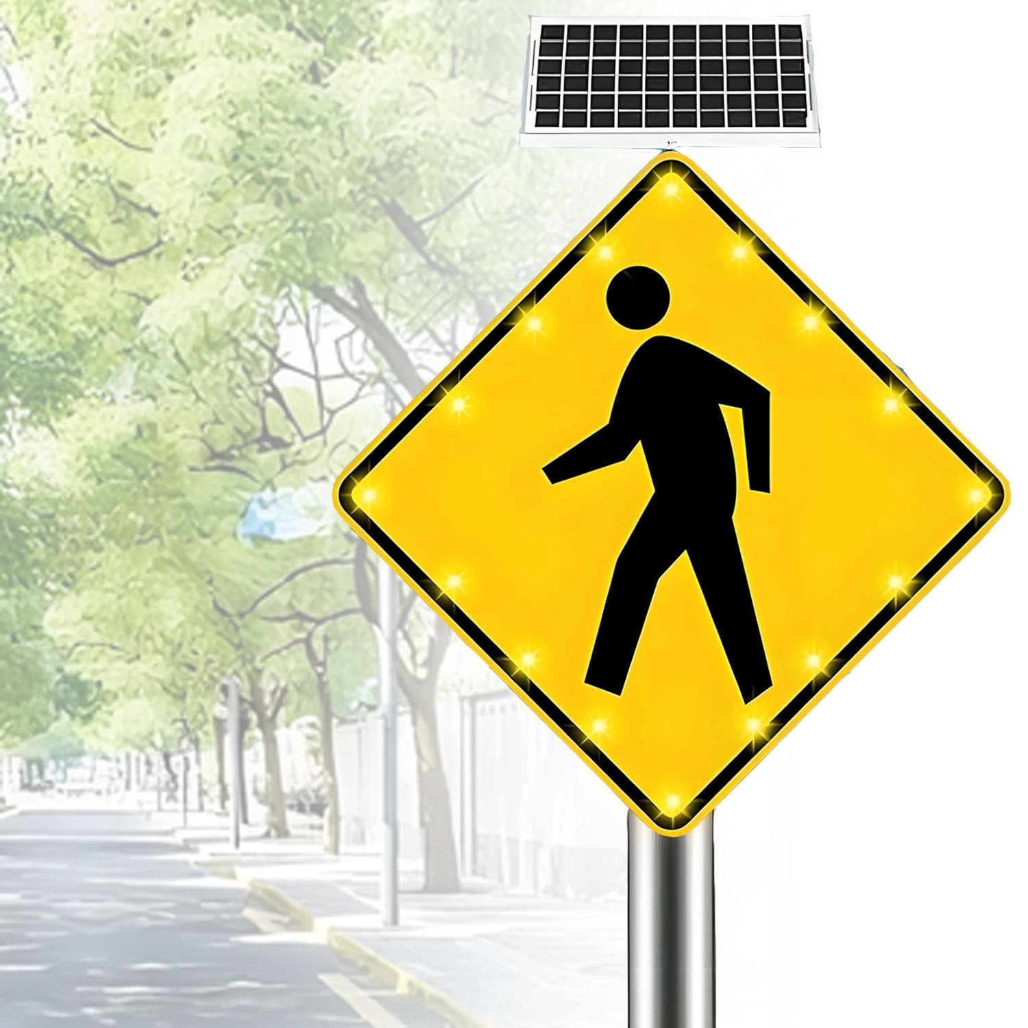 ROEFETY Solar Pedestrian LED Flashing Crossing Sign,16 Flashing LED Highlight Road Traffic Blinking Street Warning Sign,Aluminum IP65,Weatherproof Crosswalk Signs for Park School Urban 24inches