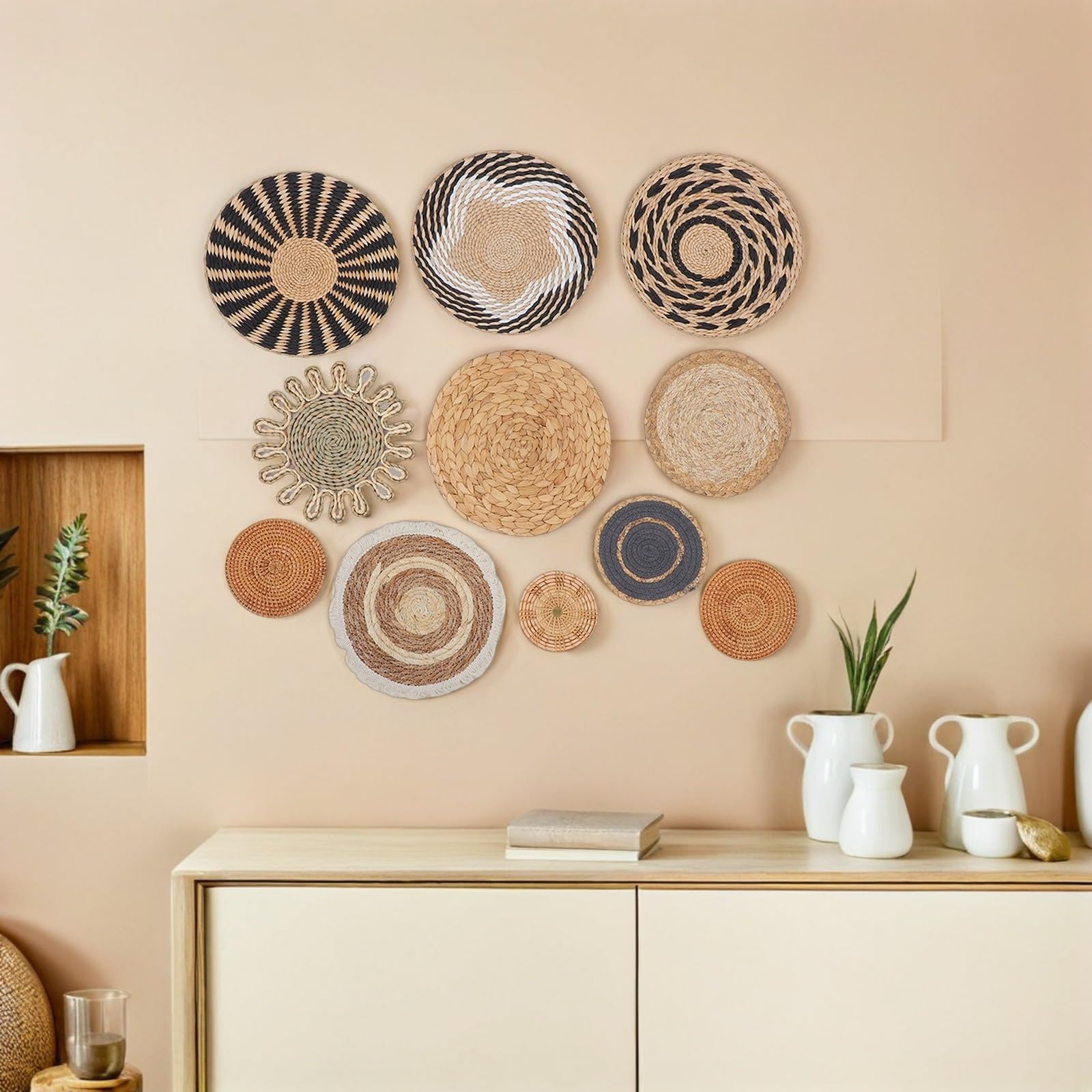 11 Stück Boho Wanddeko aus Stroh, Rund, Handgefertigt, Weiß