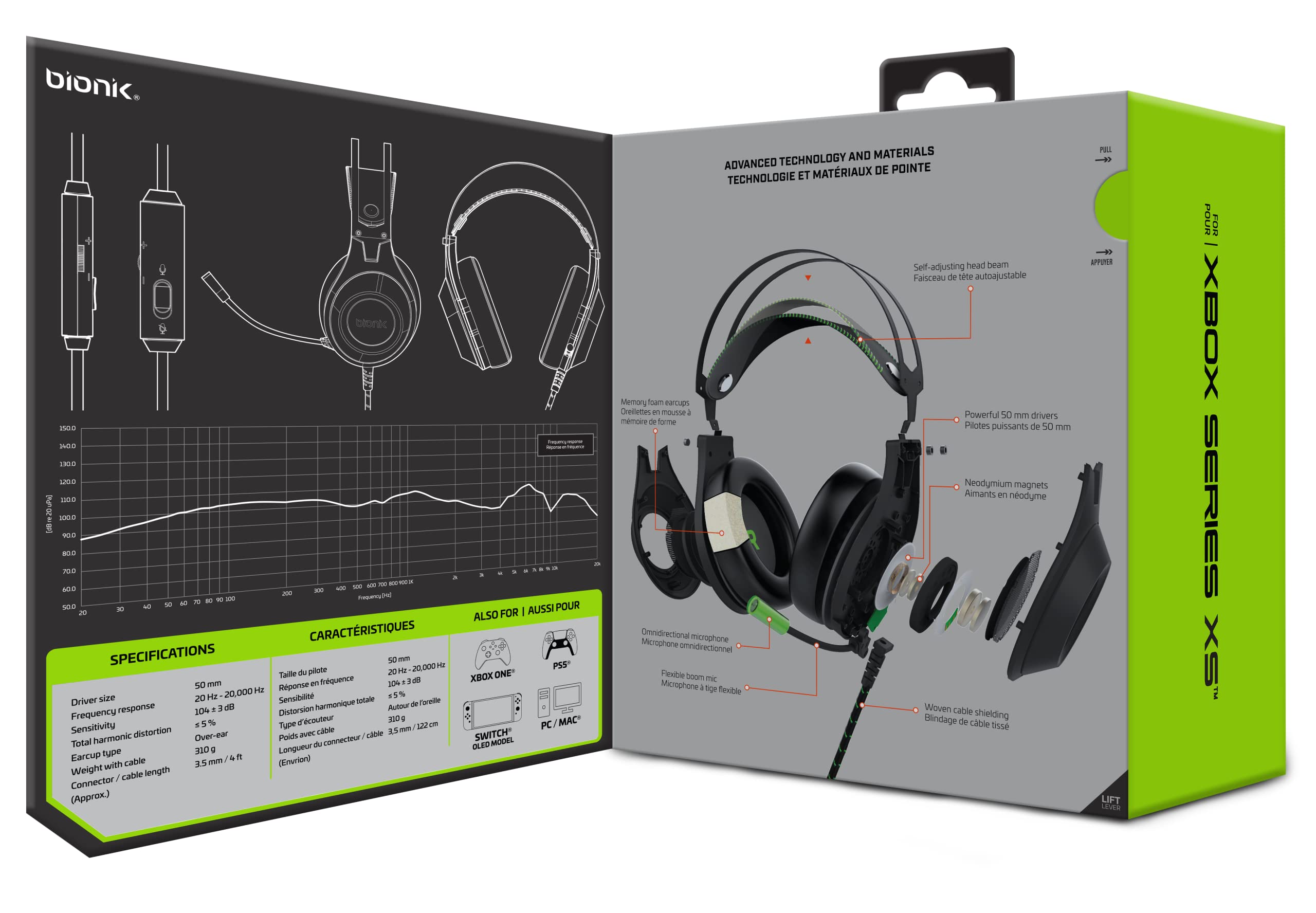 Bionik Sirex zestaw słuchawkowy do gier z mikrofonem do Xbox Series XS: sterowniki 50 mm, pianka pamięciowa, przełącznik wyciszenia, regulowana wiązka czołowa, Xbox One / PS5 / Nintendo Switch