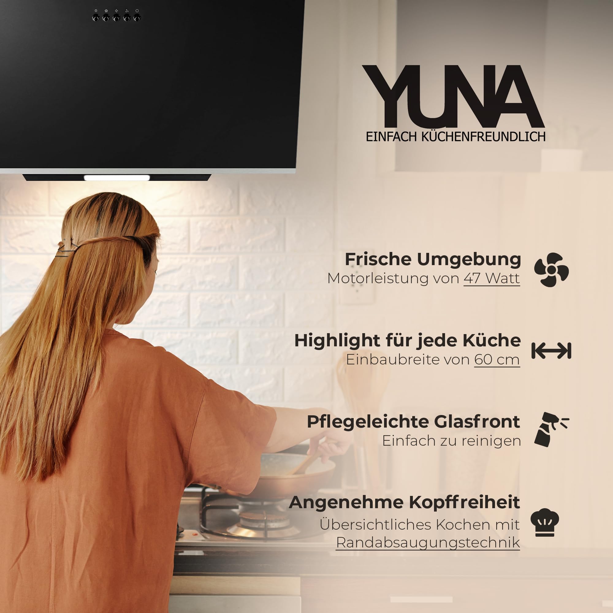 YUNA Dunstabzugshaube DUNJA 60 cm Schwarz Glasfront 3 Leistungsstufen 47W Motorleistung Energieeffizienz A Abluft Umluft Kopffrei LED Beleuchtung Ohne Kohlefilter Wandhaube